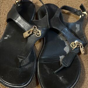 Michael Kors Black Leather Sandals with Gold Accents